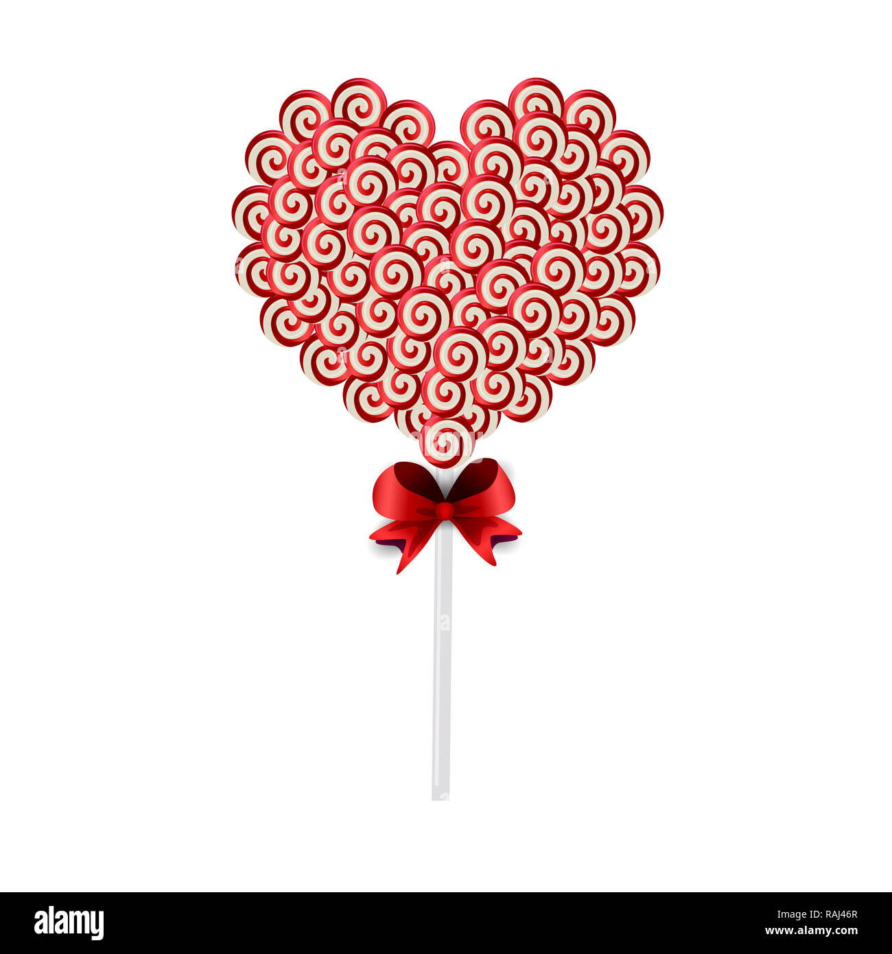 Illustrazione del rosso e del bianco lolipop cuore fatto di dolci e caramelle confezionate con laccio rosso isolato su sfondo bianco. Dolce Cuore di caramelle in stick Foto Stock