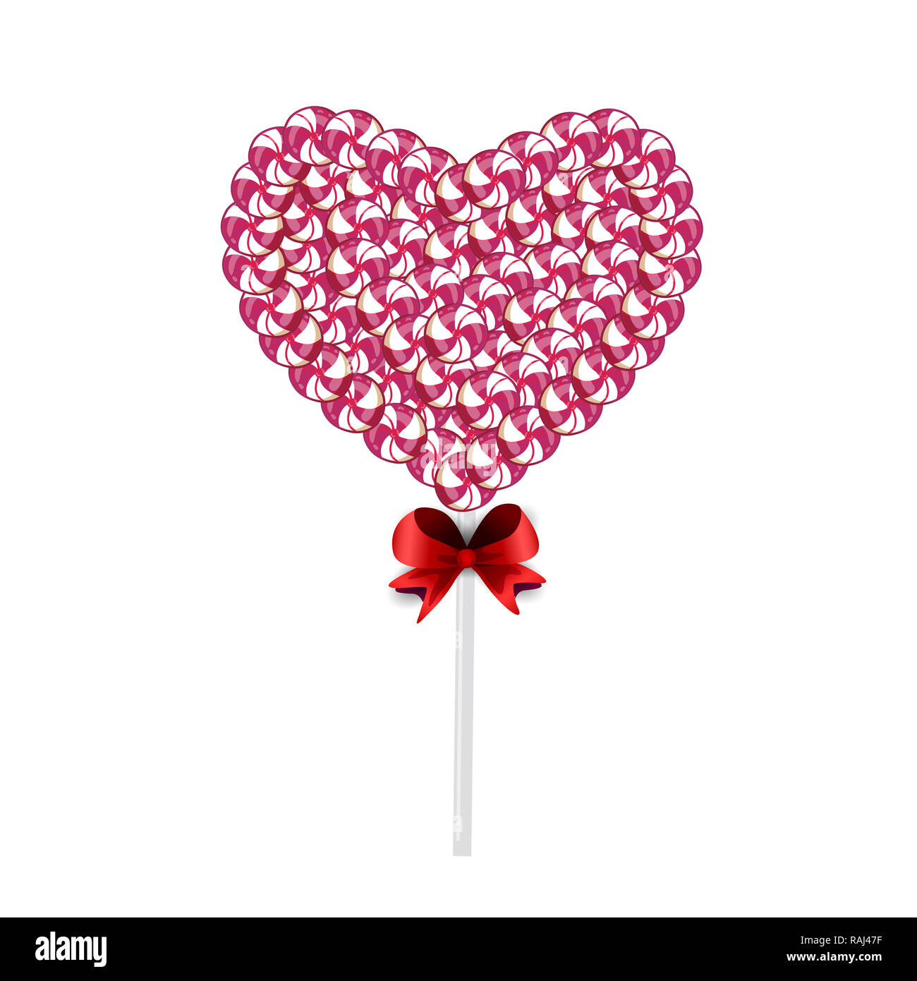 Illustrazione di colore rosa e bianco lolipop cuore fatto di dolci e caramelle delimitata con nastro rosso isolato su sfondo bianco. Candy cuore su stick wit Foto Stock
