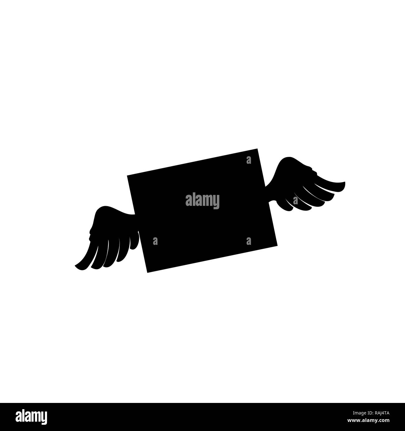 Silhouette nera di busta chiusa con le ali. Flying lettera segno isolato su sfondo bianco. Simbolo per i social media, applicazioni di datazione e cha Foto Stock