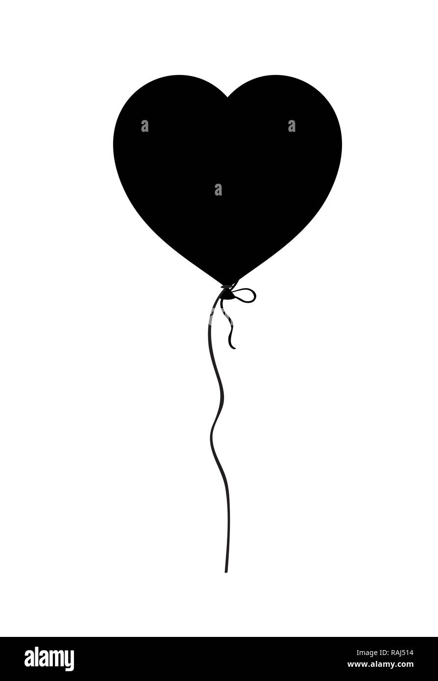 Silhouette nera del cuore a forma di palloncino elio isolati su sfondo bianco. illustrazione, icona, logo, clip art, elemento per amore design festiva. Foto Stock
