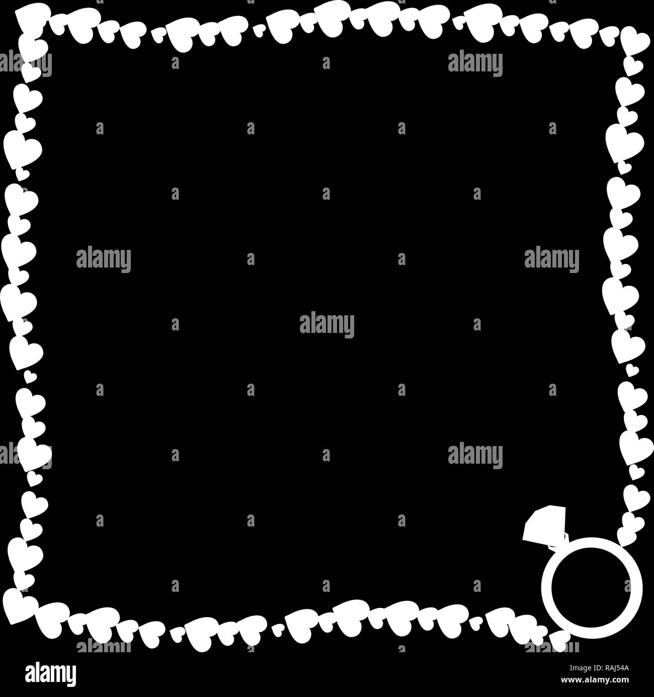 Bianco e nero retro vintage border photo frame fatta di cuori con diamante anello di fidanzamento silhouette nell'angolo. Modello monocromatico con spazio di copia Foto Stock