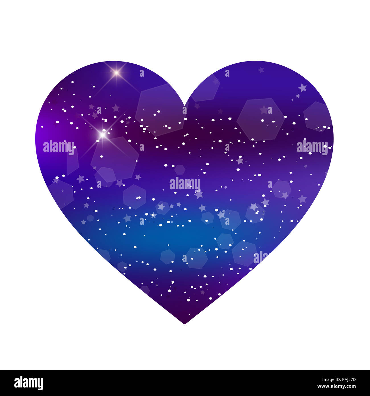 Fantastico galaxy cuore isolato su sfondo bianco. Neon viola magic icona, notte cielo stellato amore simbolo per san valentino biglietto di auguri, wedding postcar Foto Stock