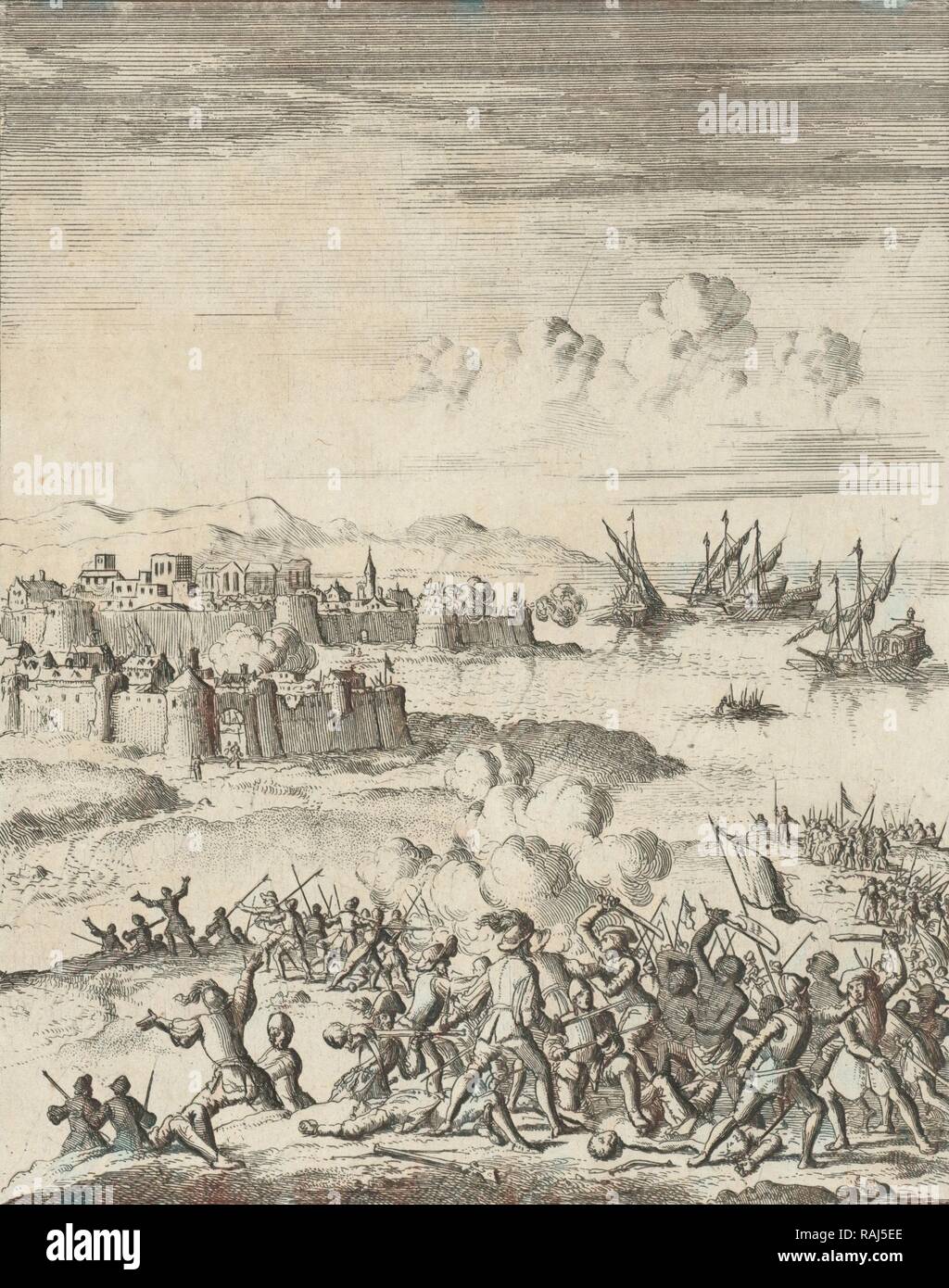 Assedio di una città, Jan Luyken, 1684. Reinventato da Gibon. Arte Classica con un tocco di moderno reinventato Foto Stock