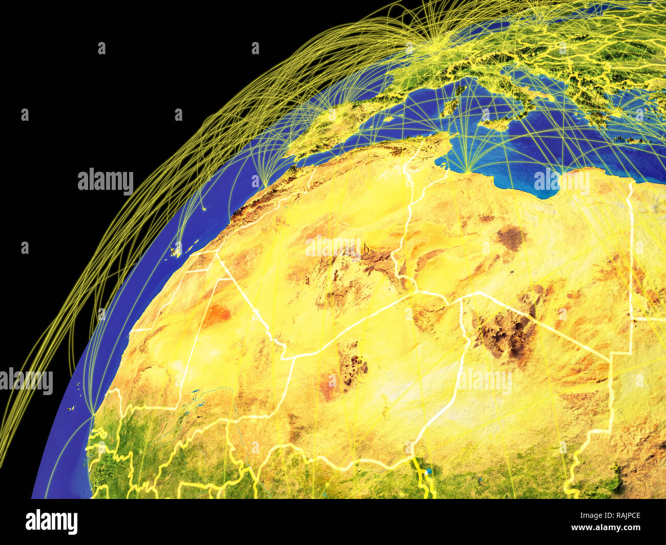 Regione del Maghreb dallo spazio sulla terra con le linee che rappresentano i collegamenti internazionali, comunicazione, viaggi. 3D'illustrazione. Gli elementi di questa immagine f Foto Stock