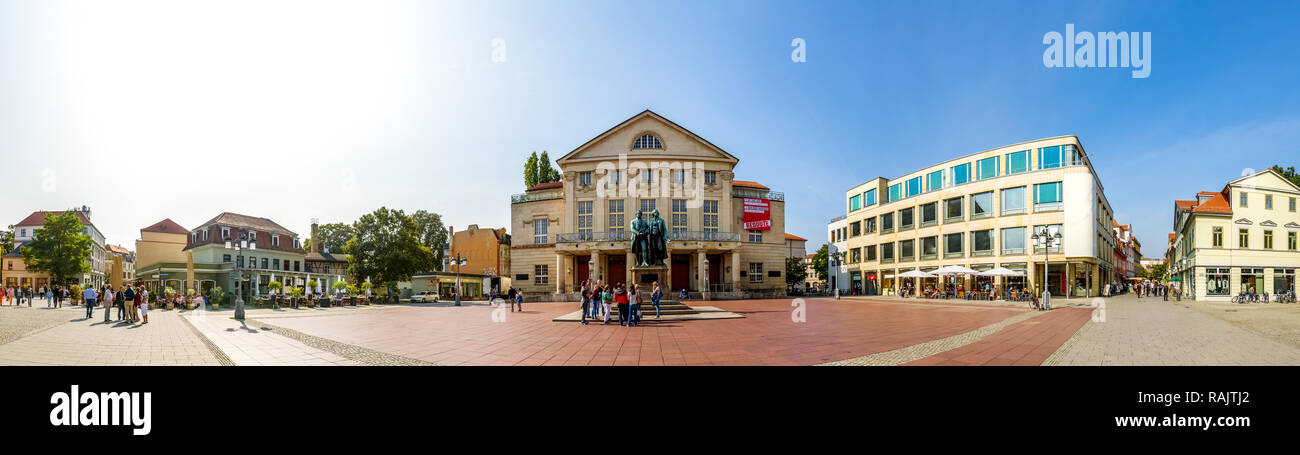 Teatro, Schiller Goethe monumento, Weimar, Germania Foto Stock