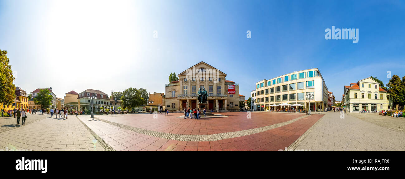 Teatro, Schiller Goethe monumento, Weimar, Germania Foto Stock