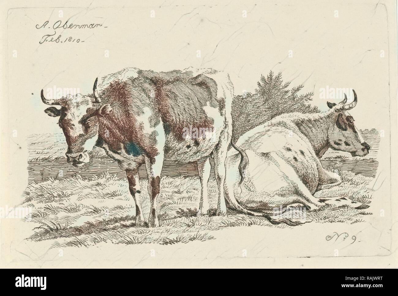 Montante e giacente mucca, Anthony Oberman, 1810. Reinventato da Gibon. Arte Classica con un tocco di moderno reinventato Foto Stock