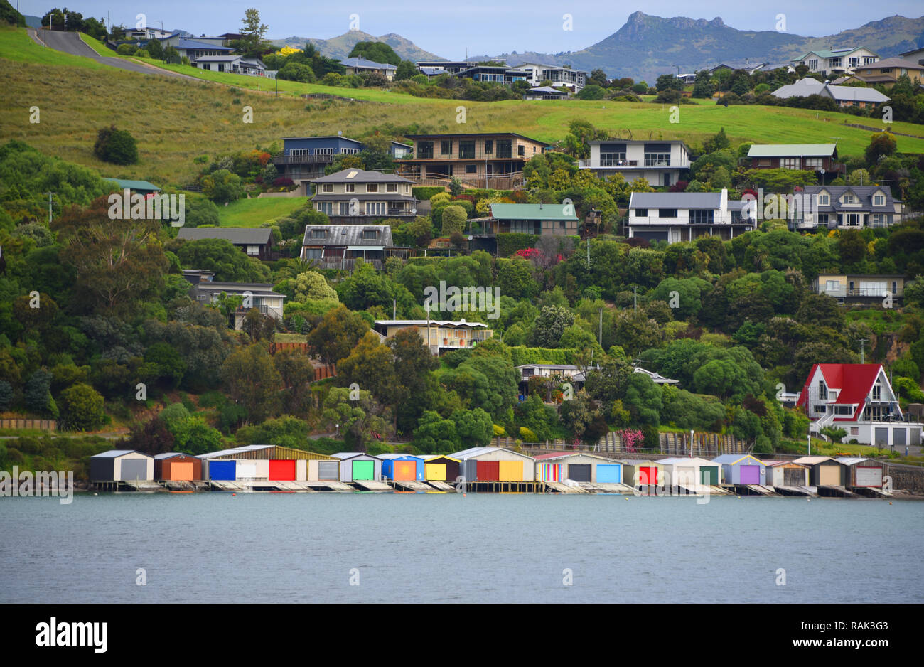 Colorate case in barca lungo la costa della penisola di Banks vicino a Christchurch e Akaroa sull'Isola del Sud della Nuova Zelanda. Foto Stock