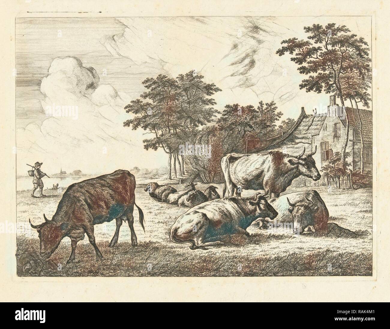 Le vacche e le pecore che giace nel prato per azienda, Johannes van Cuylenburgh, 1820. Reinventato da Gibon. Arte Classica con un reinventato Foto Stock