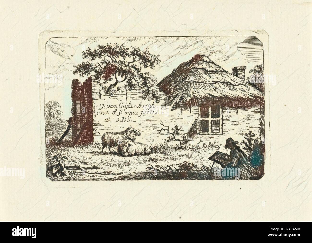 Artista al fatiscente casa colonica con due pecore, Johannes van Cuylenburgh, 1815. Reinventato da Gibon. Arte Classica con un reinventato Foto Stock