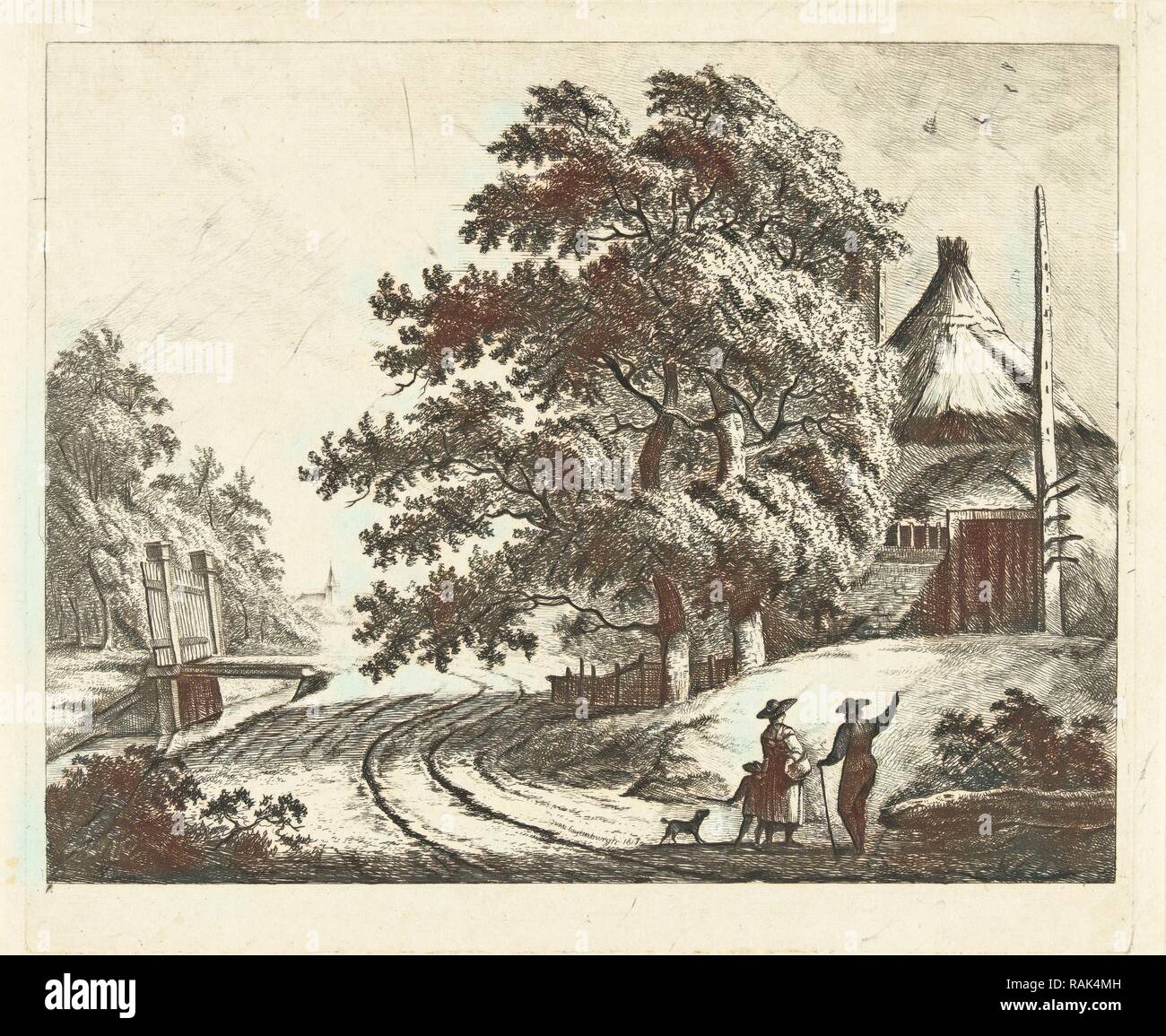 Paesaggio con Rick sul tumulo su strada lungo il fosso, Johannes van Cuylenburgh, 1817. Reinventato da Gibon. Arte Classica reinventato Foto Stock