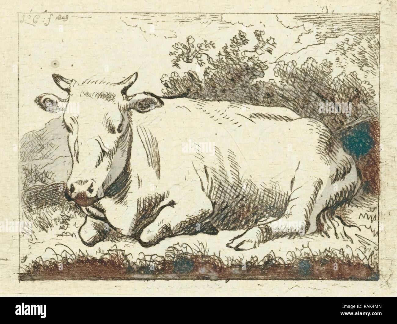 Giacente mucca, Johannes van Cuylenburgh, 1809. Reinventato da Gibon. Arte Classica con un tocco di moderno reinventato Foto Stock