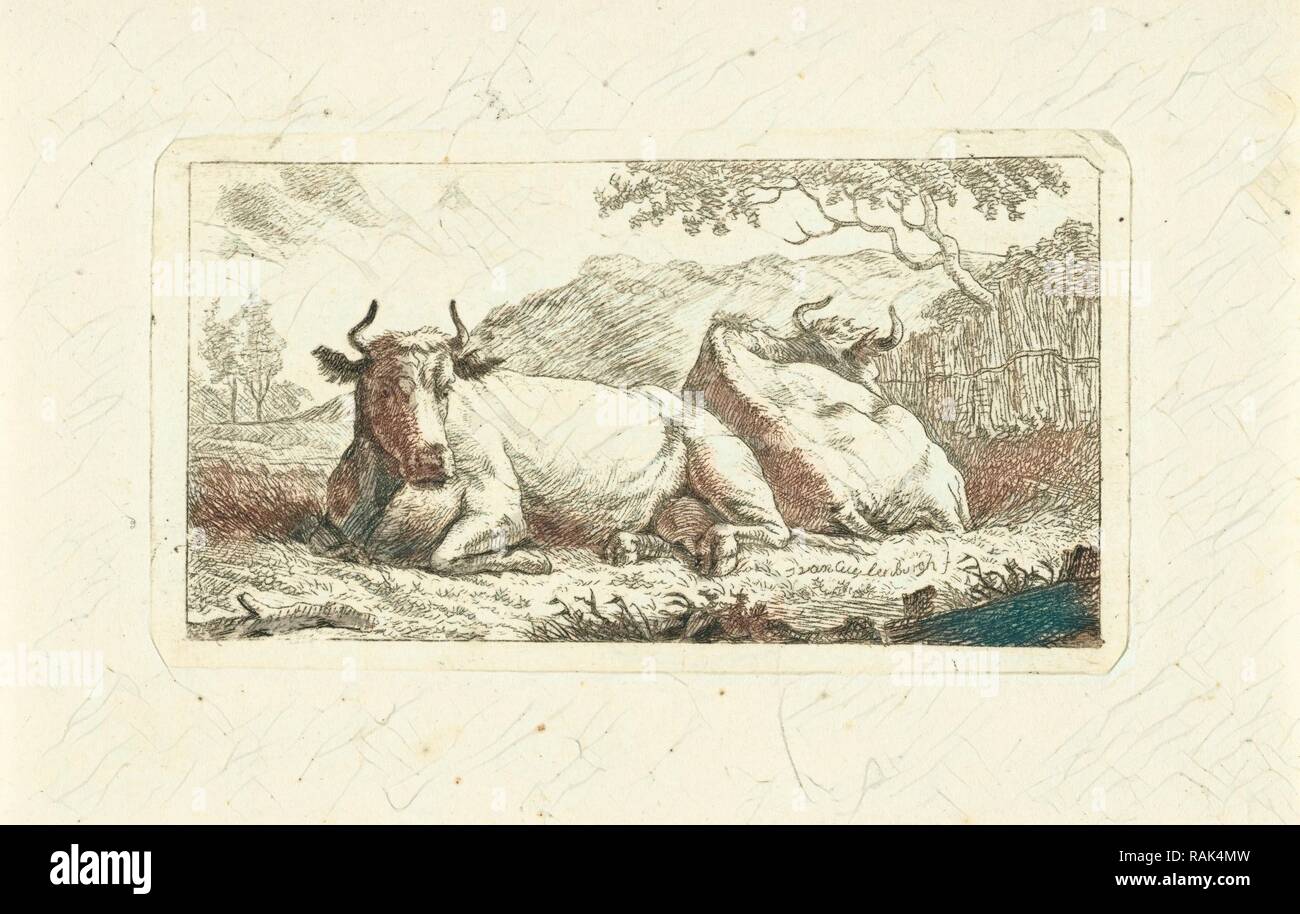 Due mucche reclinabili, Johannes van Cuylenburgh, 1803 - 1841. Reinventato da Gibon. Arte Classica con un tocco di moderno reinventato Foto Stock