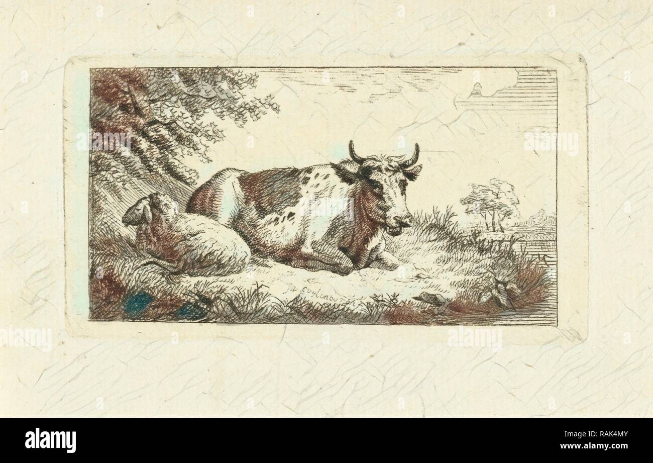 Giacente vacca e pecora, Johannes van Cuylenburgh, 1803 - 1841. Reinventato da Gibon. Arte Classica con un tocco di moderno reinventato Foto Stock