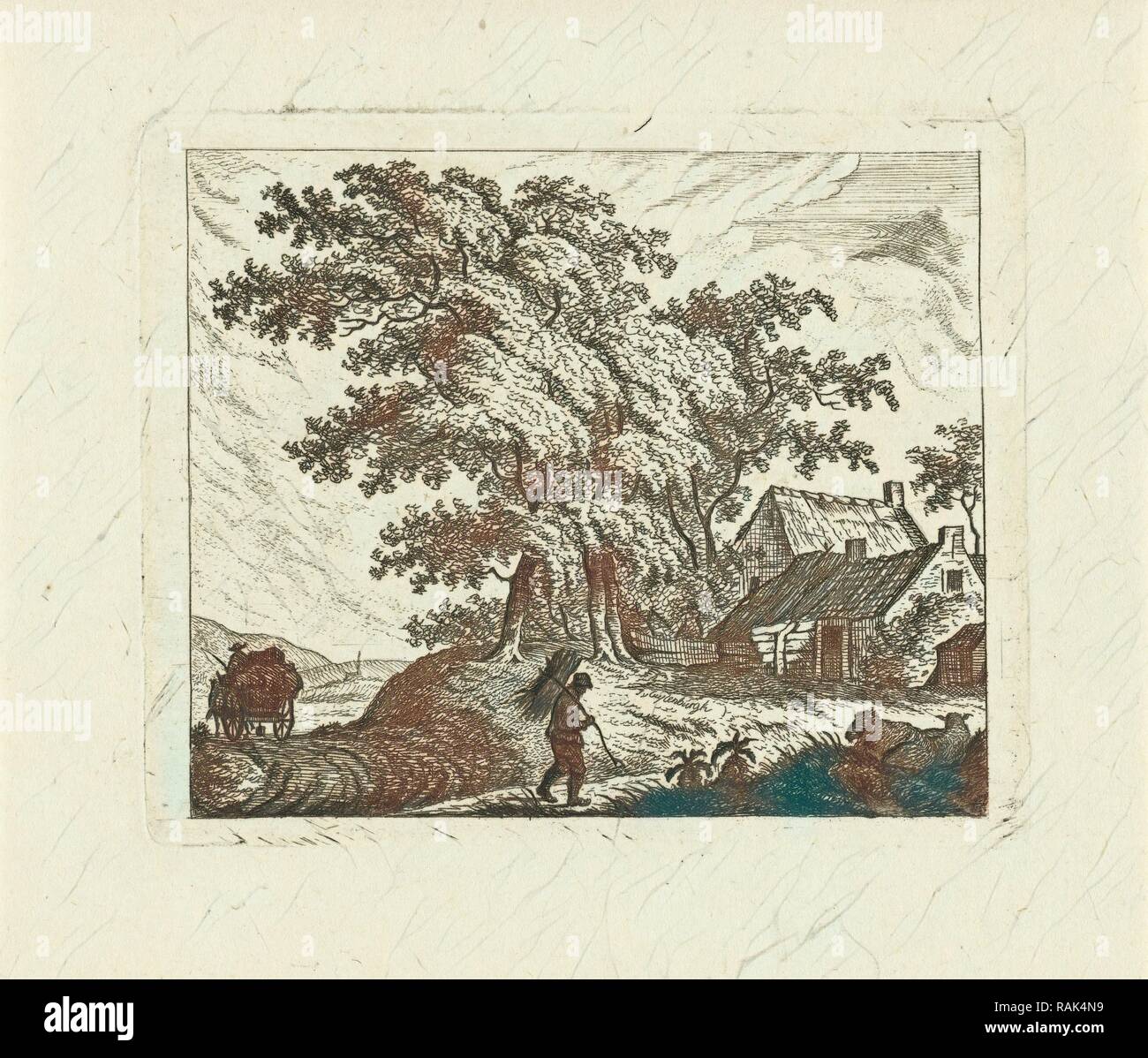 Paesaggio con fattoria e uomo con legno, Johannes van Cuylenburgh, 1803-1841. Reinventato da Gibon. Arte Classica con un reinventato Foto Stock