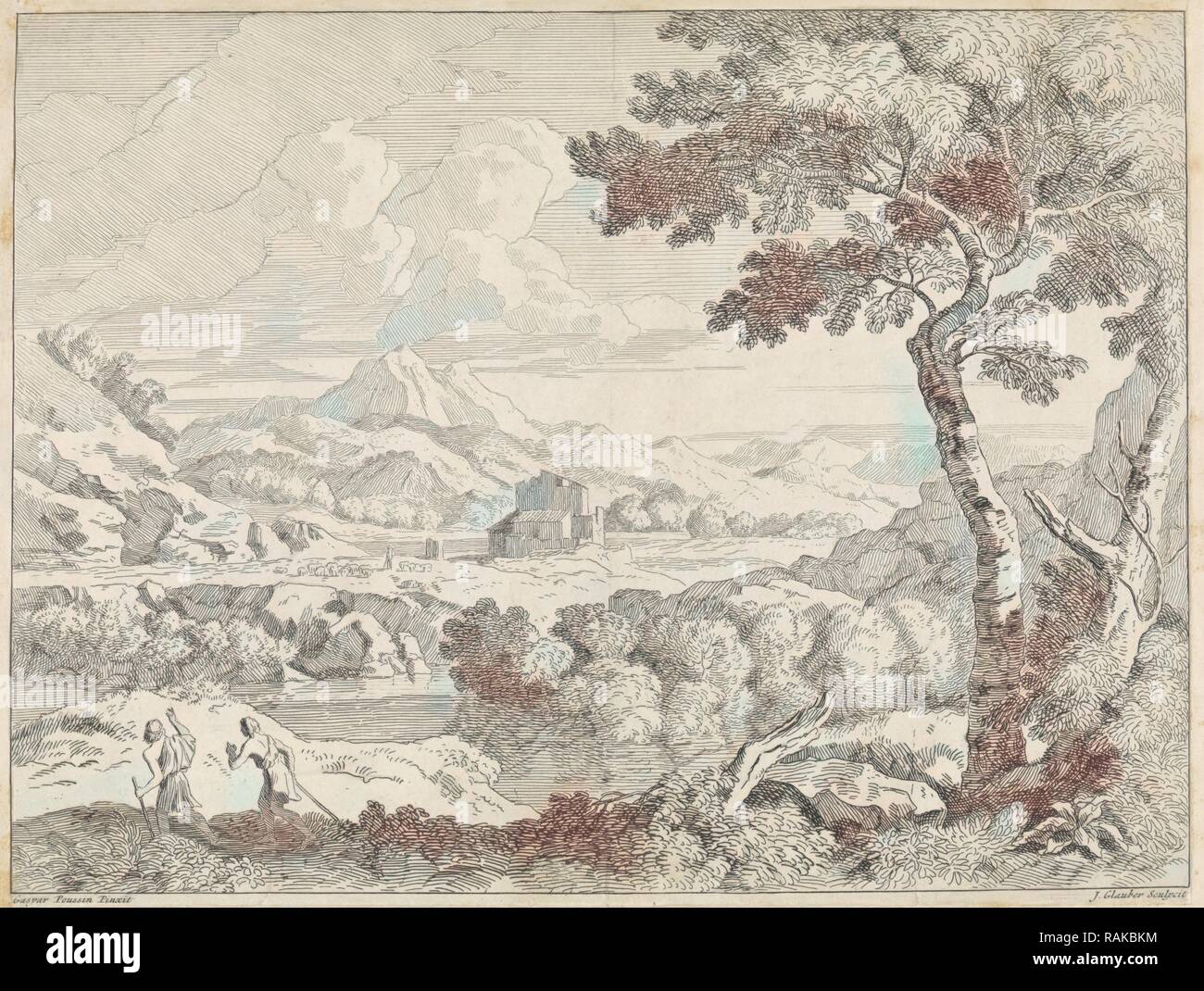 Paesaggio collinare con pastori, Johannes Glauber, 1656 - 1726. Reinventato da Gibon. Arte Classica con un tocco di moderno reinventato Foto Stock