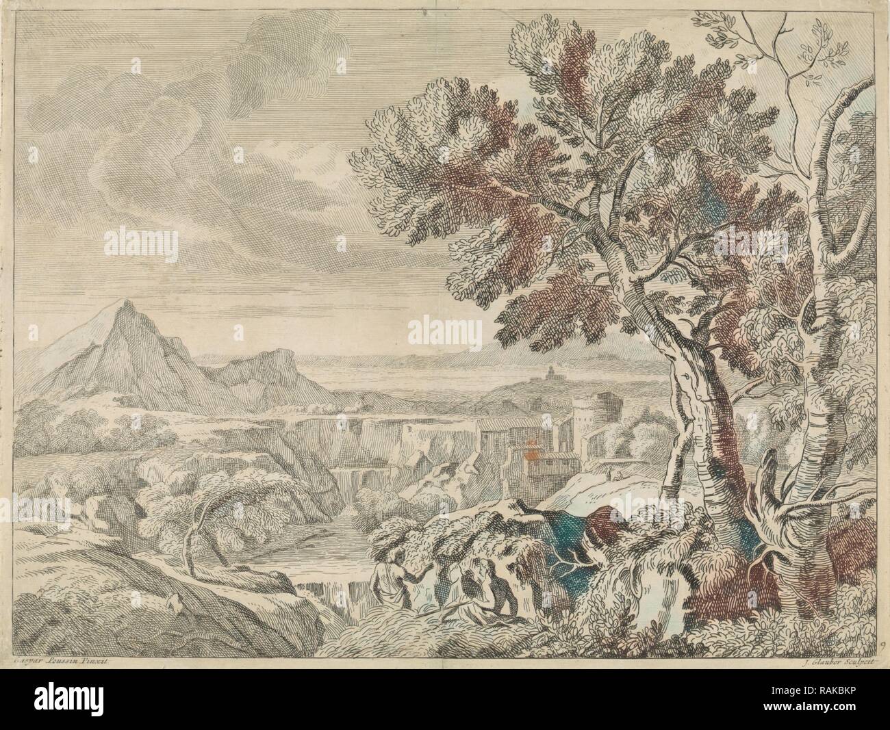 Paesaggio con canyon e cascata, stampa maker: Johannes Glauber, Gaspard Dughet, 1656 - 1726. Reinventato Foto Stock