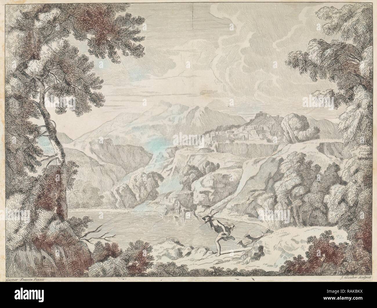 Atteone è cambiato da Diana di balneazione in un cervo, Johannes Glauber, 1656 - 1726. Reinventato da Gibon. Arte Classica con un reinventato Foto Stock