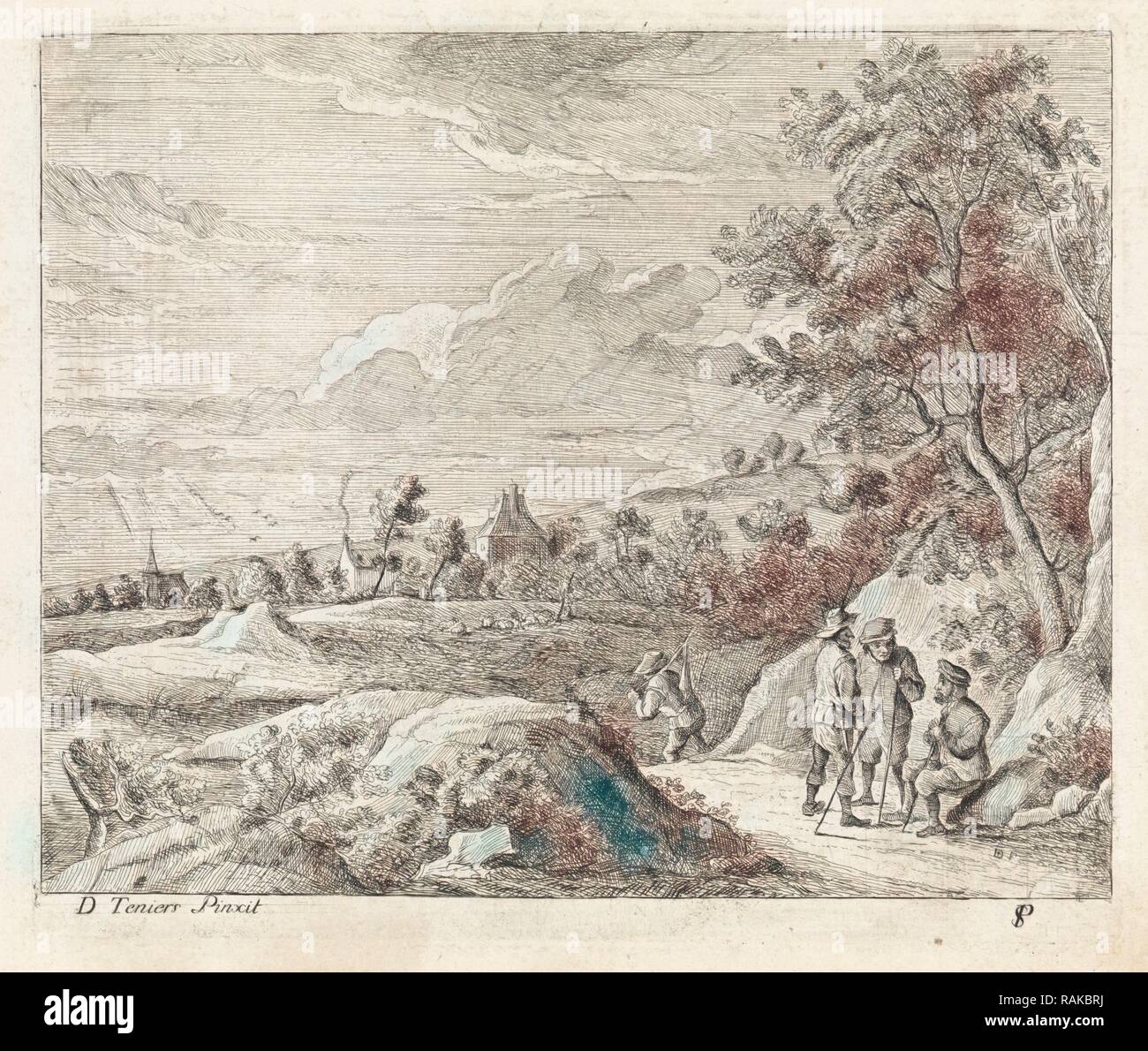 Paesaggio con quattro escursionisti, Philippe Lambert Joseph Spruyt, 1747 - 1801. Reinventato da Gibon. Arte Classica con un reinventato Foto Stock