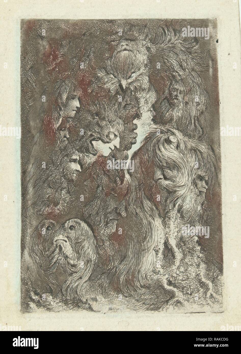 Quattordici diversi capi di uomini e donne, animali e mascheroni ecc..., Bartholomeus Breenbergh, 1638. Reinventato Foto Stock