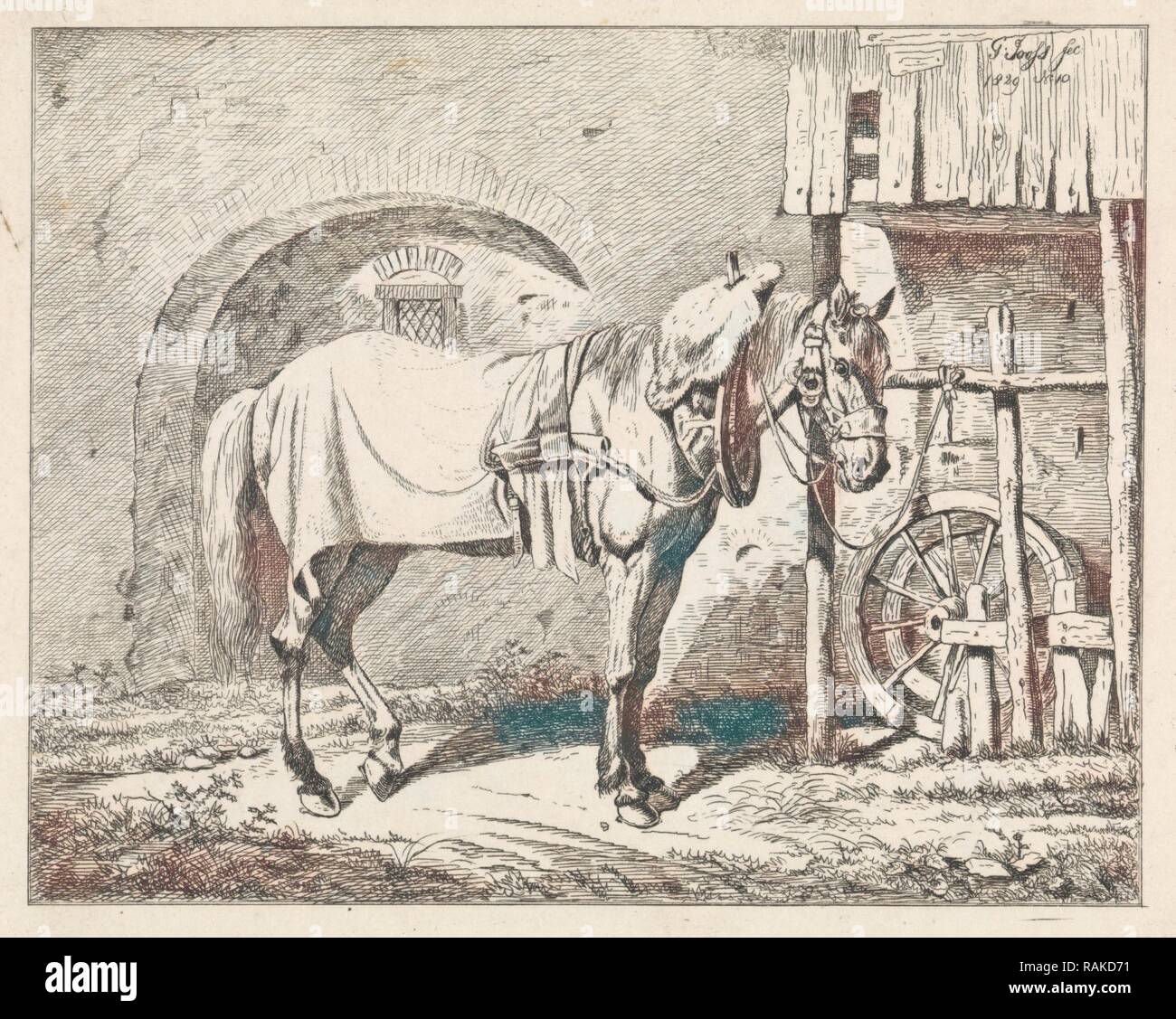 Riattaccata cavallo una briglia, George Jooss, 1829. Reinventato da Gibon. Arte Classica con un tocco di moderno reinventato Foto Stock