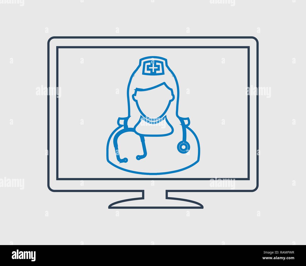 Assistenza sanitaria on line icona linea. L'infermiera simbolo sul monitor del computer. Illustrazione Vettoriale