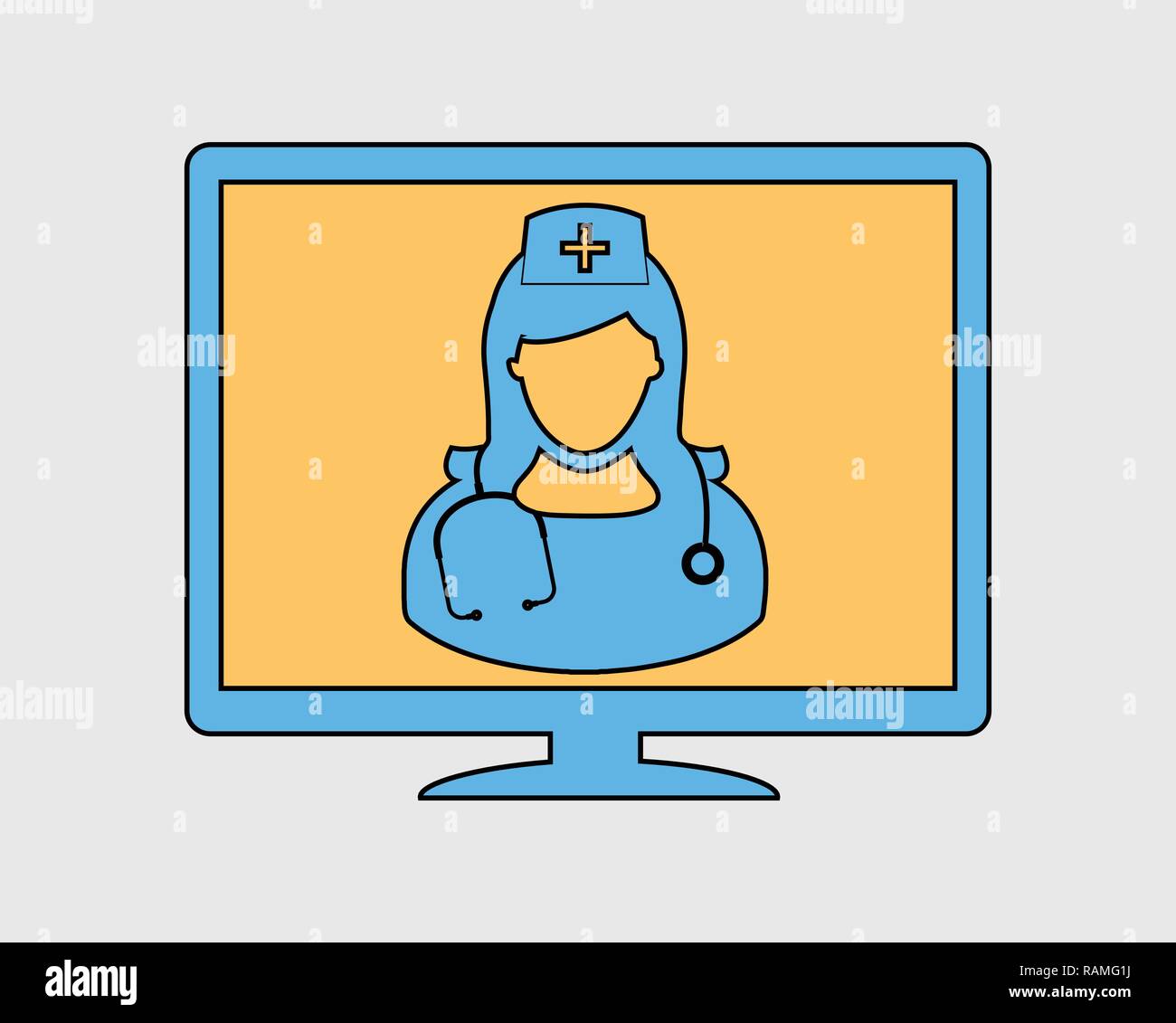 Colorate di assistenza sanitaria on line icona. L'infermiera simbolo sul monitor del computer. Illustrazione Vettoriale