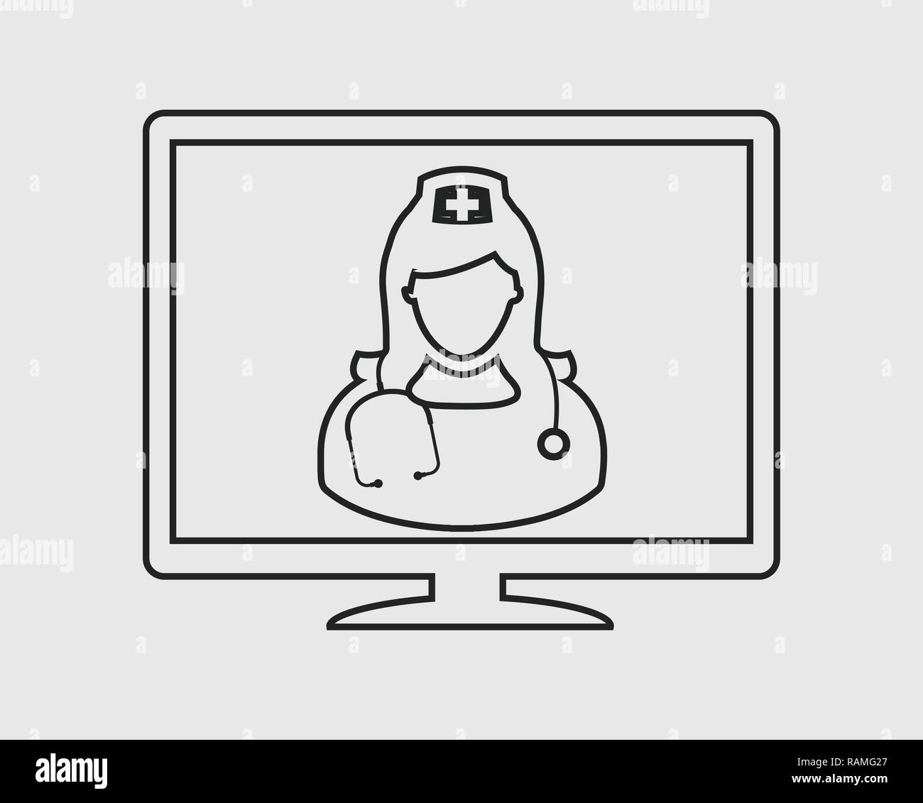 Assistenza sanitaria on line icona linea. L'infermiera simbolo sul monitor del computer. Illustrazione Vettoriale