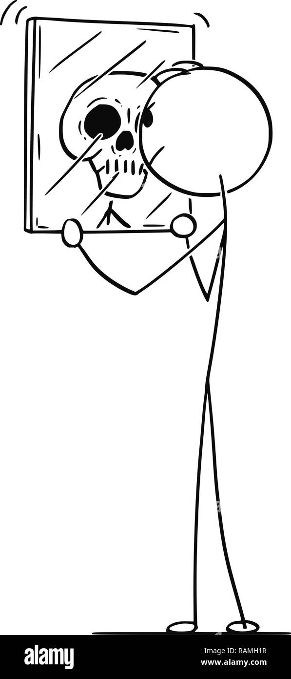 Cartoon dell uomo alla ricerca di se stessi in uno specchio e vedere il cranio o morte Illustrazione Vettoriale