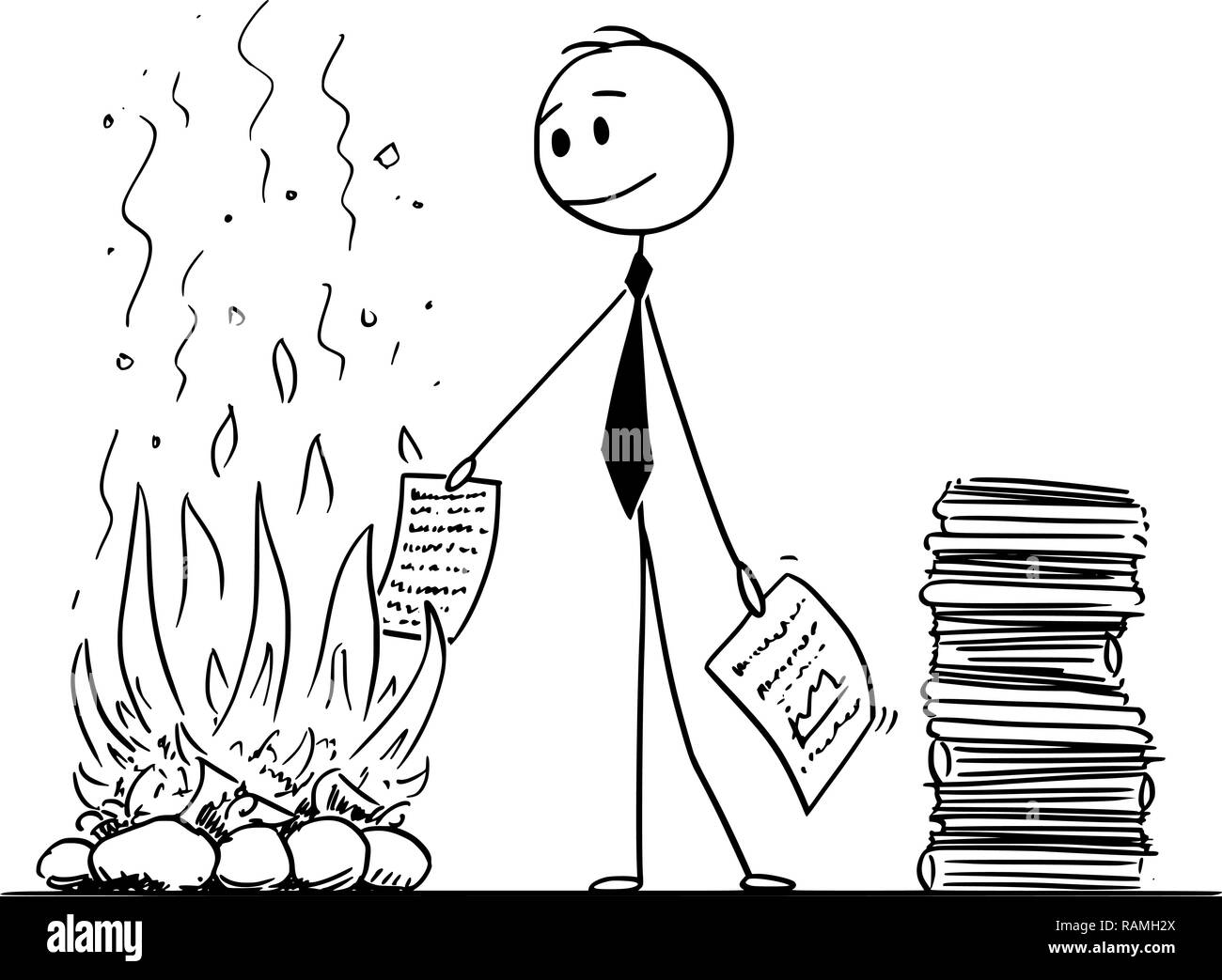 Cartoon di imprenditore o addetto di bruciare i documenti cartacei in camino Illustrazione Vettoriale