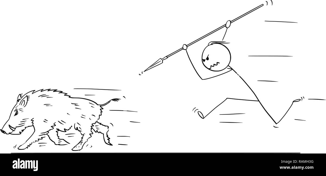 Cartoon di uomo a caccia di cinghiale con lancia Illustrazione Vettoriale