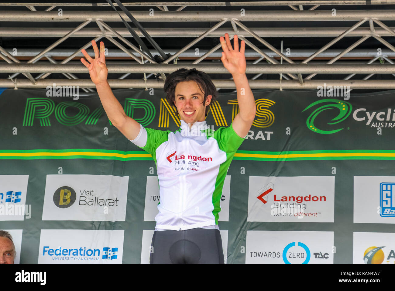 Ballarat, Victoria, Australia. 5 gennaio 2019. Per Poduim 2019 Australian Road Campionati Nazionali sotto 19 gli uomini la gara su strada - Vincitore : Patrick Eddy che ha vinto la gara con un tempo di 2h48. Credito: Brett keating/Alamy Live News Foto Stock