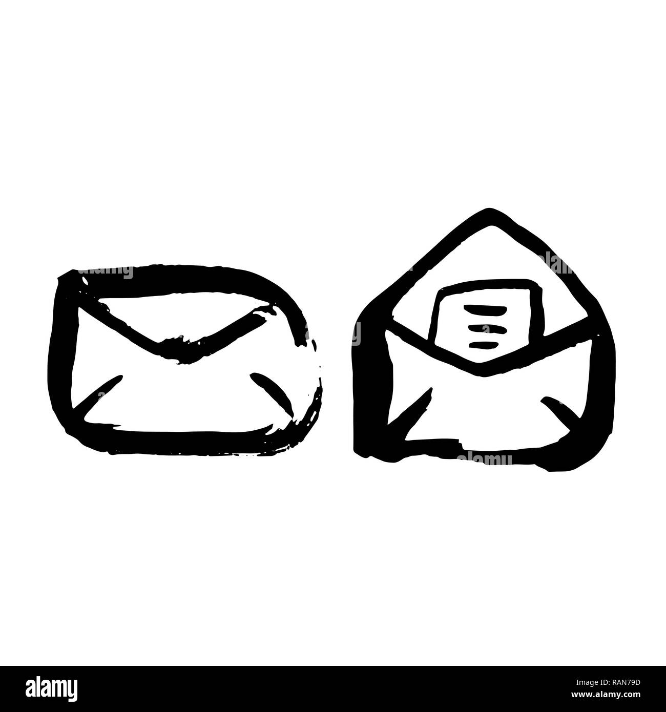 Mail grunge icon set. Lettere di inchiostro spazzola illustrazione vettoriale. Illustrazione Vettoriale