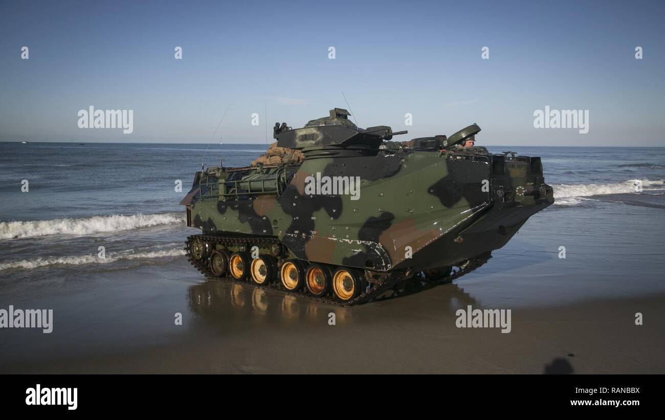 Stati Uniti Marines assalto veicoli anfibi presidiata da marines con terzo assalto battaglione anfibio, 1° Divisione Marine, testa a terra durante la fase di esercizio del pugno di ferro 2017 a bordo di Marine Corps base Camp Pendleton, California, 25 feb. Marines e soldati JGSDF condotto un assalto anfibio, lanciando dall'USS ancoraggio a Red Beach Area Formazione. Il pugno di ferro è un annuale, bilaterali esercizio dove gli Stati Uniti e il servizio Giapponese membri treno insieme e condividere le tecniche, tattiche e procedura per migliorare la loro complessiva capacità operative. Foto Stock