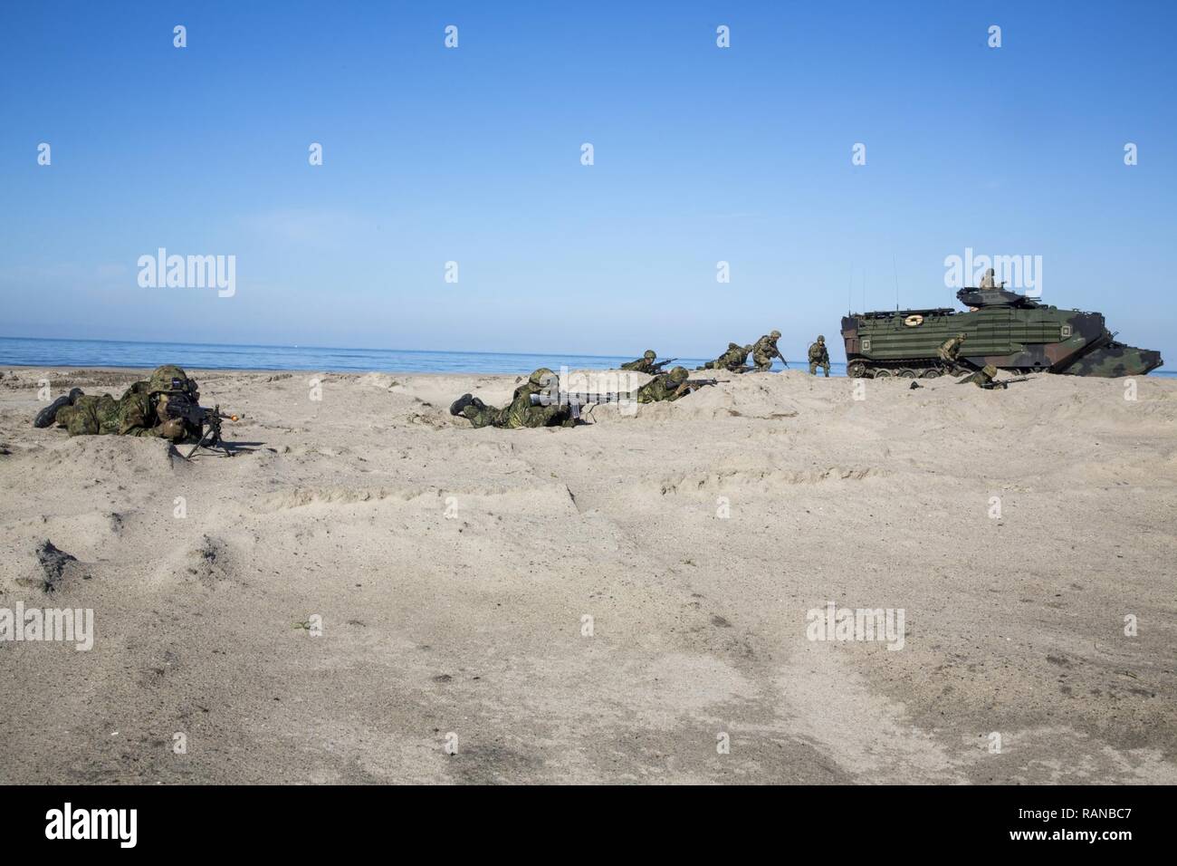 Giappone terra Self Defence Force soldati e legato dopo l'uscita da un assalto veicolo anfibio, durante la fase di esercizio del pugno di ferro 2017, a bordo di Marine Corps base Camp Pendleton, California, 25 febbraio, 2017. Marines e soldati JDSGF condotto un assalto anfibio, lanciando dall'USS ancoraggio a Red Beach Area Formazione. Il pugno di ferro è un annuale, formazione bilaterale esercizio dove USA e giapponesi i membri del servizio treno insieme e condividere le tecniche, tattiche e procedure per migliorare la loro complessiva capacità operative. Foto Stock