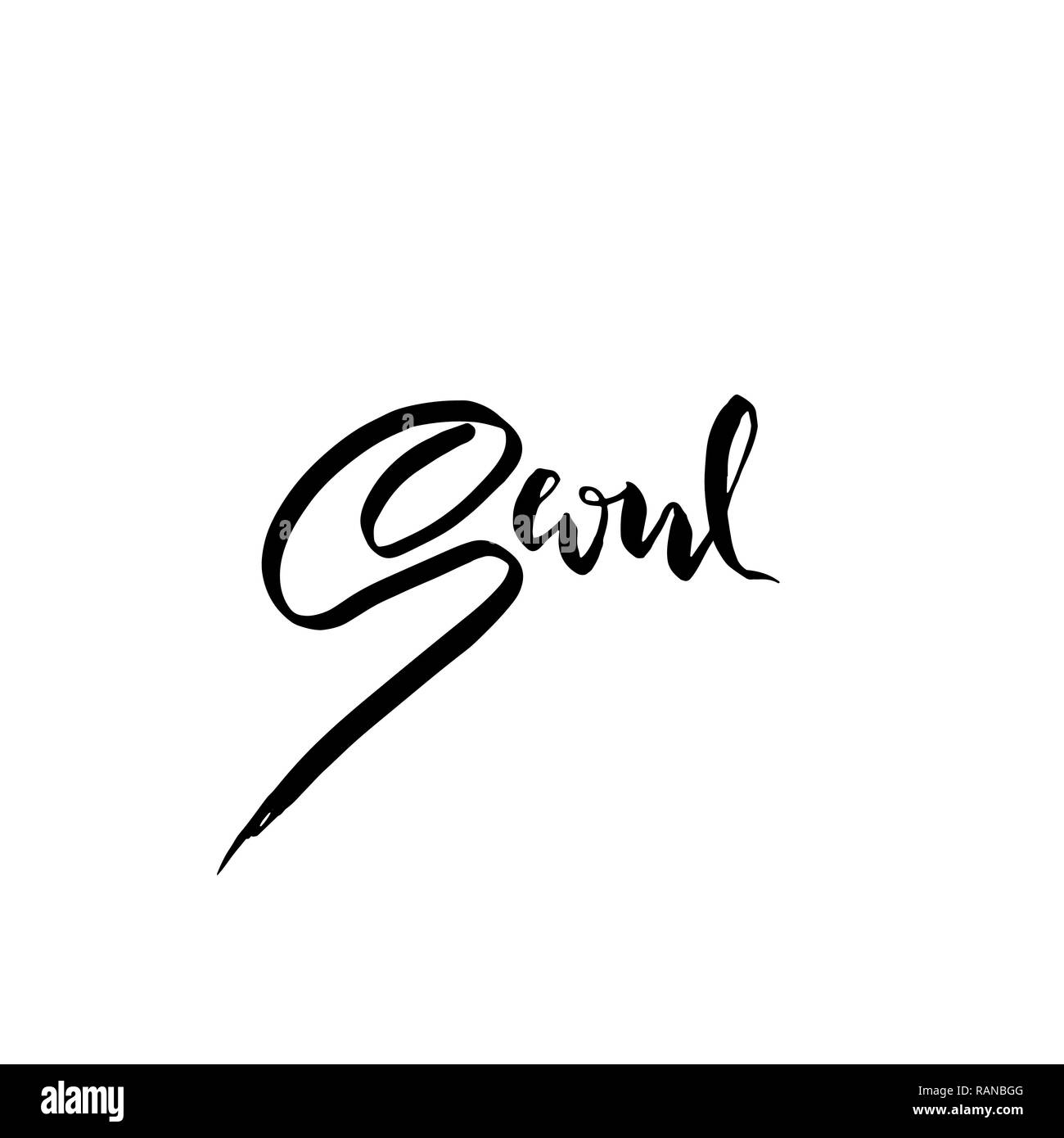 Seul in Corea. Tipografia pennello asciutto lettering design. Disegnato a mano poster di calligrafia. Illustrazione Vettoriale. Illustrazione Vettoriale