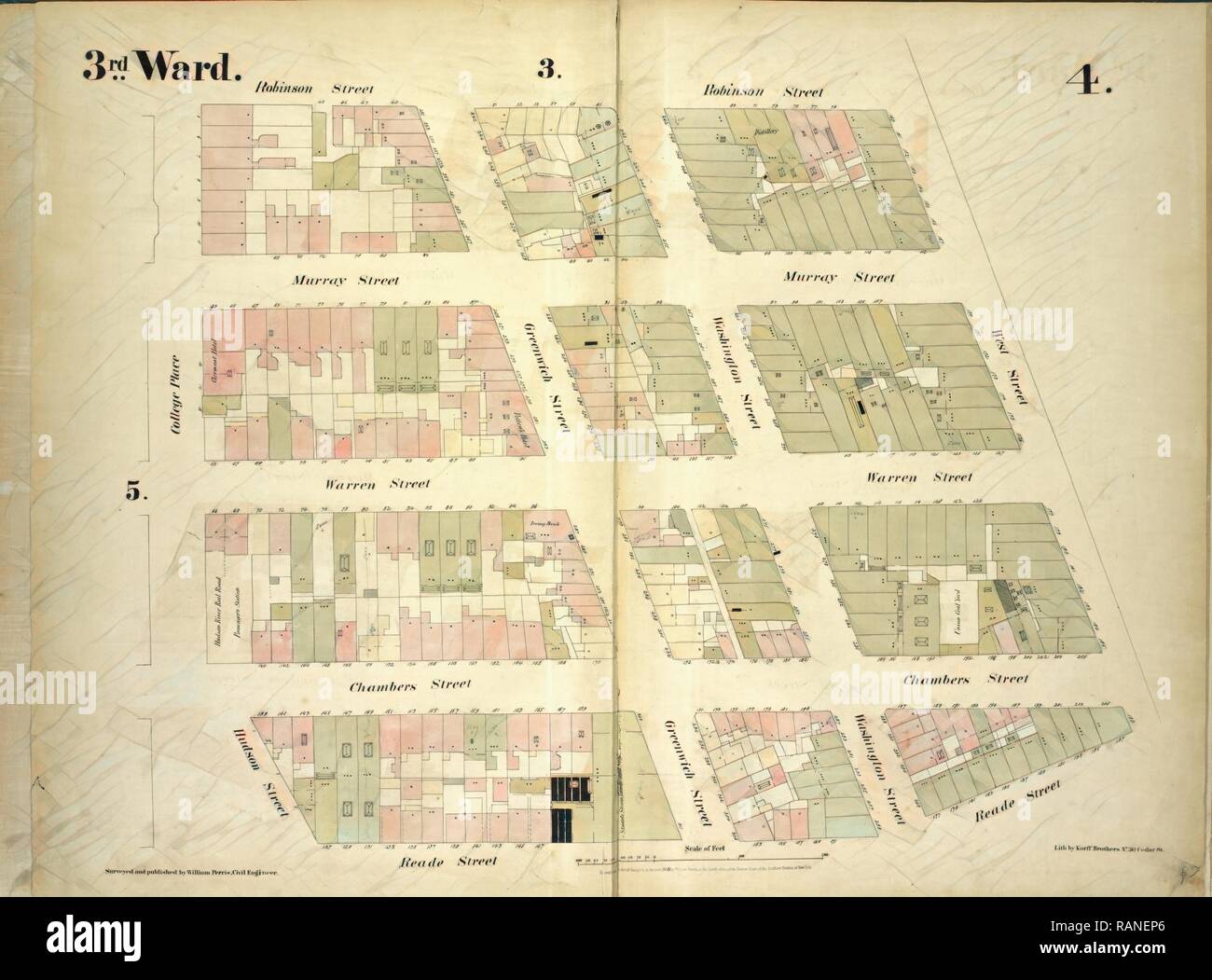 3° Ward. Piastra 4: Mappa delimitata da Robinson Street, West Street, Reade Street, Hudson Street, College posto, compresi reinventato Foto Stock