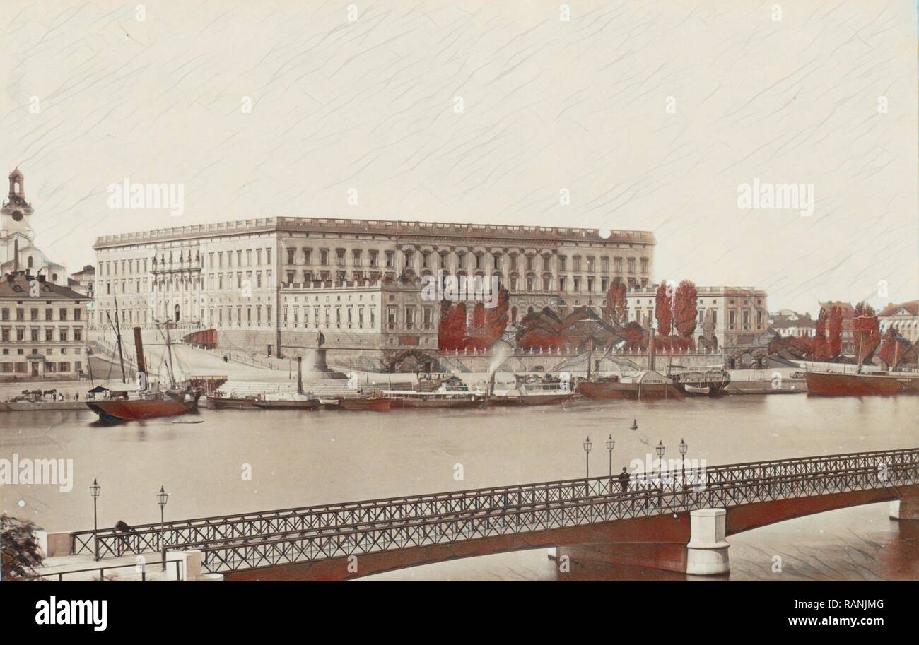 Esterno del Palazzo Reale di Stoccolma, in primo piano un ponte, Svezia, anonimo, 1850 - 1876. Reinventato Foto Stock