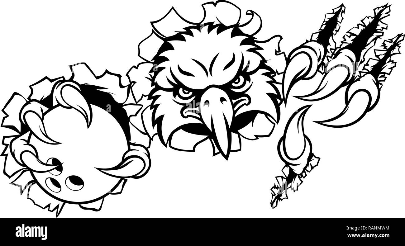Eagle Bowling mascotte cartoon sfondo di strappo Illustrazione Vettoriale