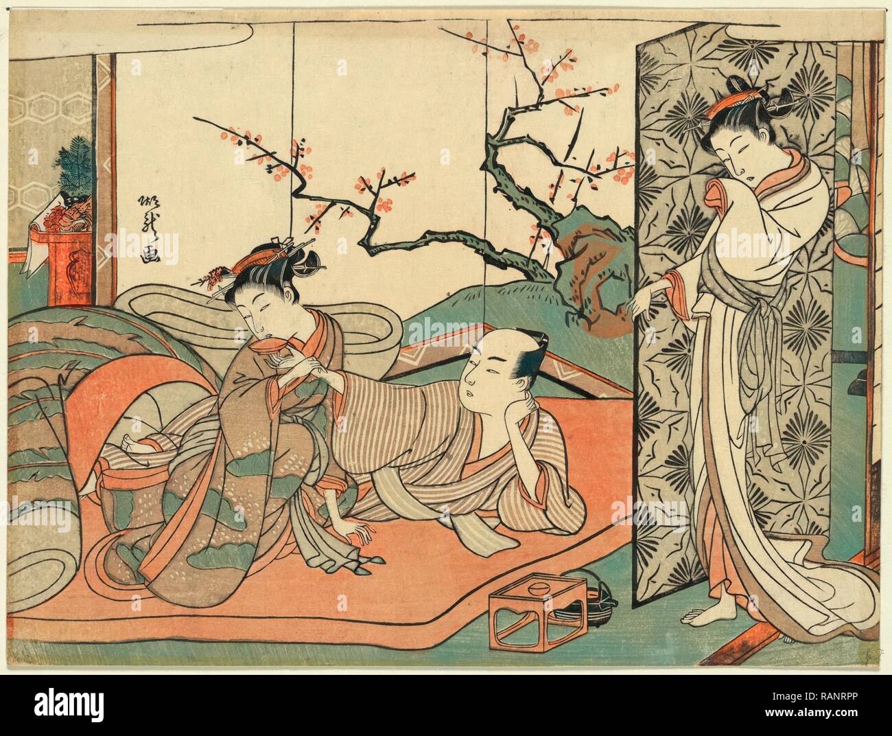 Futon No Ue No Sinzou a mal O Nagameru Yujo, cortigiana guardando un giovane apprendista nel letto. [Tra il 1768 e il 1771 reinventato Foto Stock