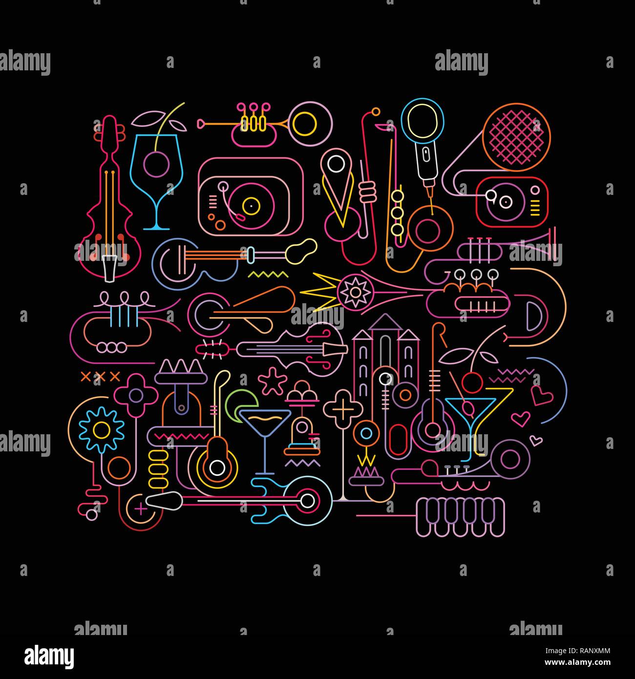 Colori al neon su uno sfondo nero Abstract Music Design illustrazione vettoriale. Strumenti musicali e bicchieri da cocktail, parte il modello di pagina di intestazione. Illustrazione Vettoriale