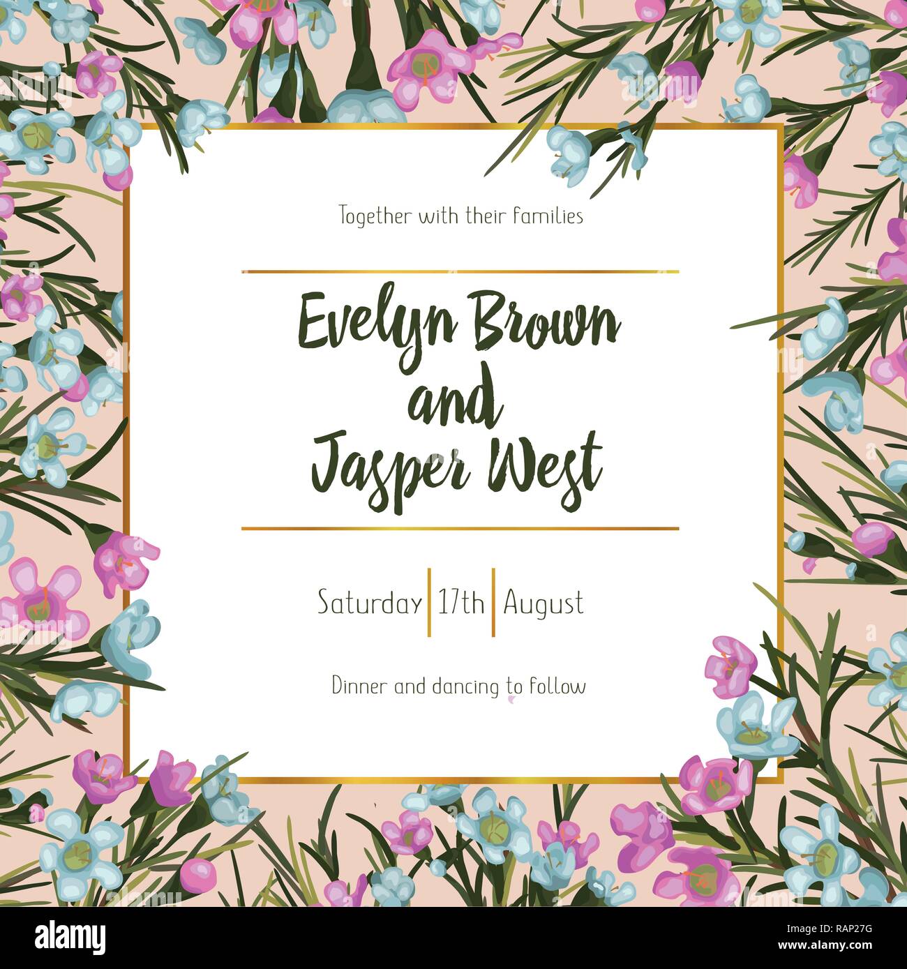 Millefiori rosa e blu fiori di cera con foglie verdi e golden square frame in un stile acquerello. potrebbe essere utilizzato per lo sfondo, texture, pattern, Illustrazione Vettoriale