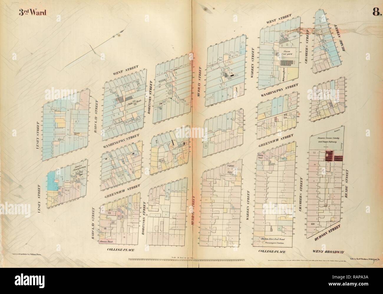 La piastra 8: Mappa delimitata da West Street, Reade Street, Hudson Street, College Place, Barclay Street, Greenwich Street reinventato Foto Stock