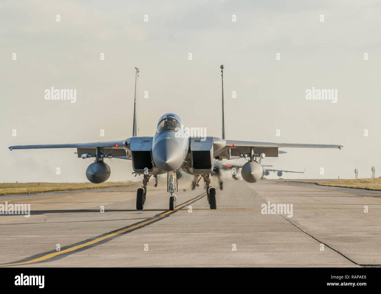 Un gruppo di F-15 Aquile taxi verso il basso la Flightline sulla Kadena Air Base, Giappone, come si preparano per il decollo durante un multi-servizio di esercizio di Febbraio 16, 2017. Opportunità congiunte come queste sono importanti sia in modo Navy e Air Force i piloti possono comprendere le potenzialità e i limiti delle loro controparti per fornire efficacemente per la difesa comune del Giappone. Foto Stock