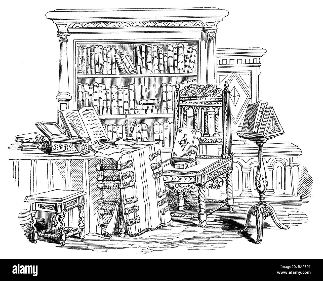 Xvi secolo: arredamento mobili libreria in una casa privata. La sedia da re Carlo II è dal Ashmoleon Museum di Oxford, Inghilterra. Foto Stock