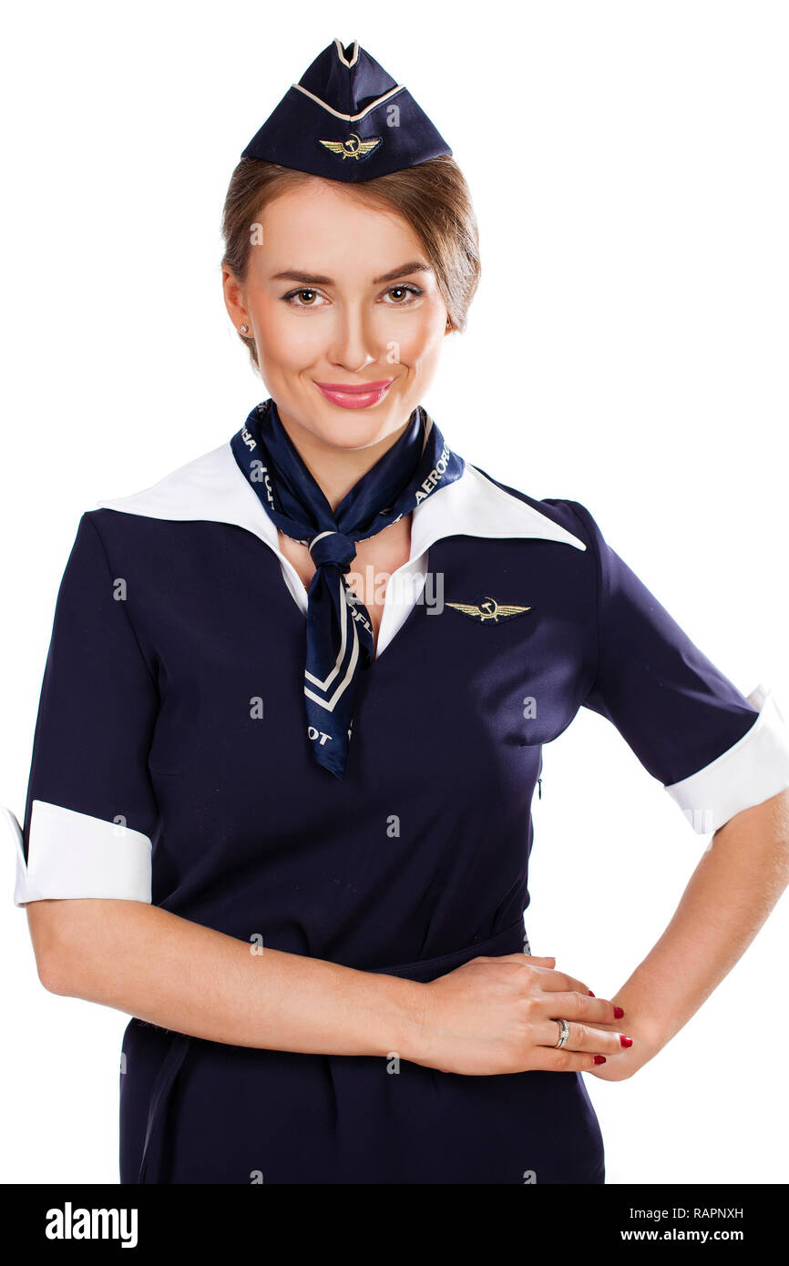 Giugno 30, 2015 Air hostess in divisa nuova nazionale della compagnia aerea  russa Aeroflot, il membro skyteam, isolato su sfondo bianco Foto stock -  Alamy