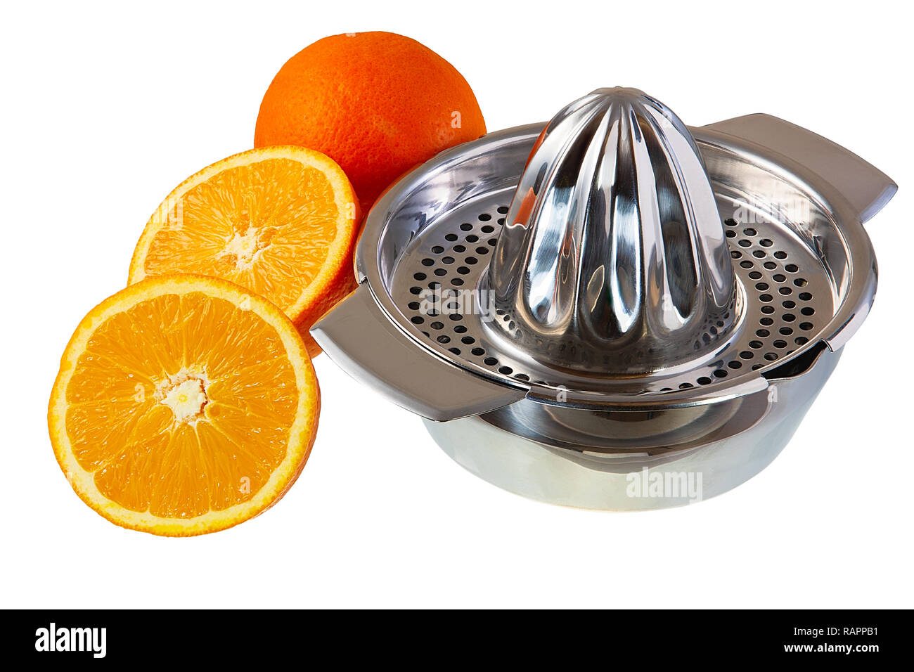 Primo piano di un isolato metallico spremitore succo di arance e Foto Stock