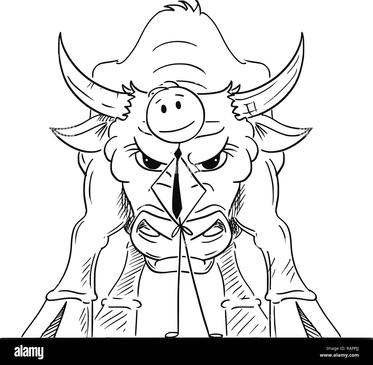 Cartoon di imprenditore in piedi con Bull dietro di lui come un aumento dei prezzi di mercato simbolo del mercato Illustrazione Vettoriale