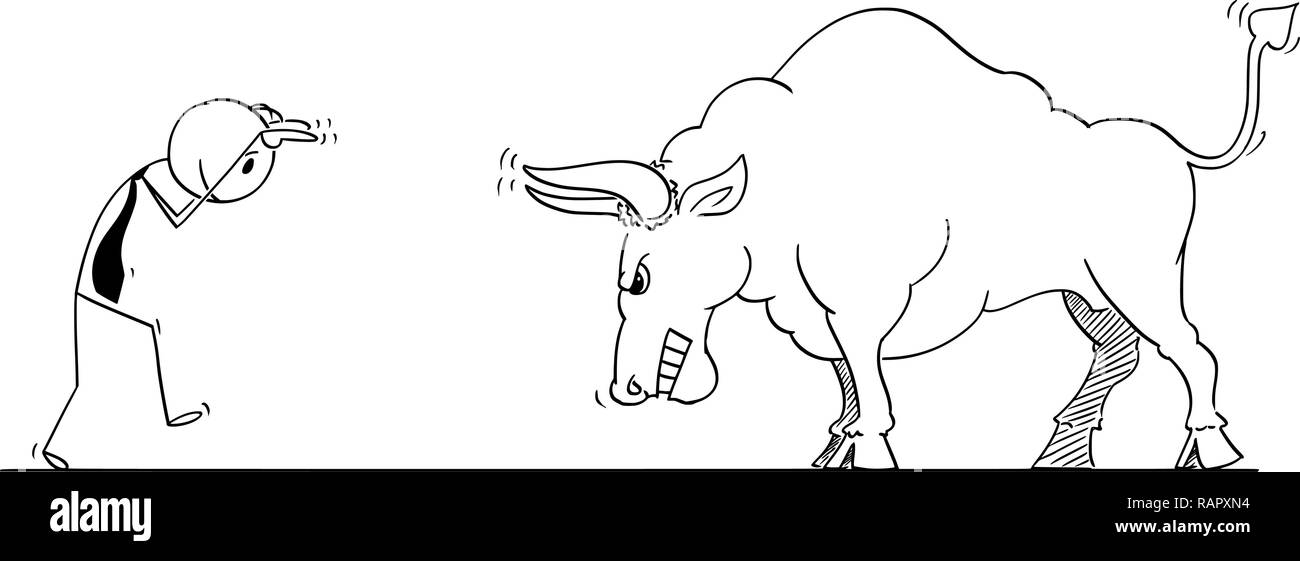 Cartoon di imprenditore provocando Bull come un aumento dei prezzi di mercato Symbol Illustrazione Vettoriale