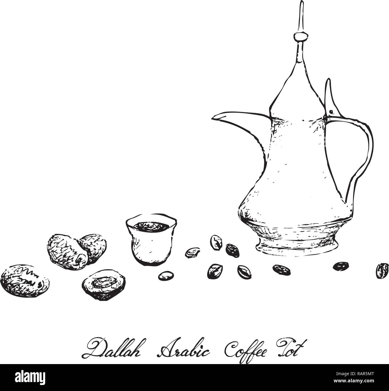 La cucina turca, caffè caldo con Dallah o caffè arabo per secoli usata per preparare e servire Qawa Gahwa o. Illustrazione Vettoriale